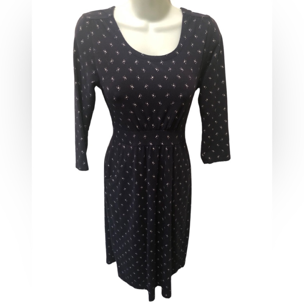 L.L. Bean Empire Empire Waist Knit Printed Dress XS Navy Easy Wear Minimalist